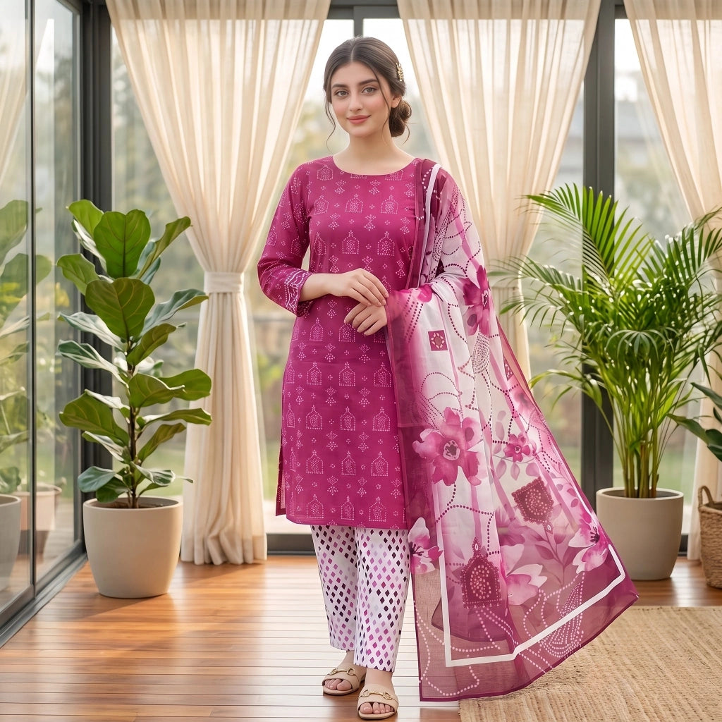 Fuchsia Bloom 3-Piece Lawn Suit