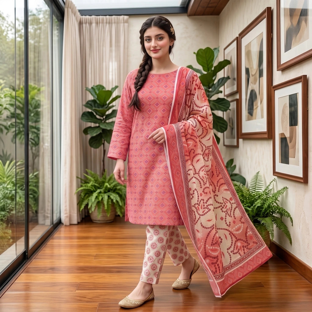 Coral Medallion 3-Piece Lawn Suit