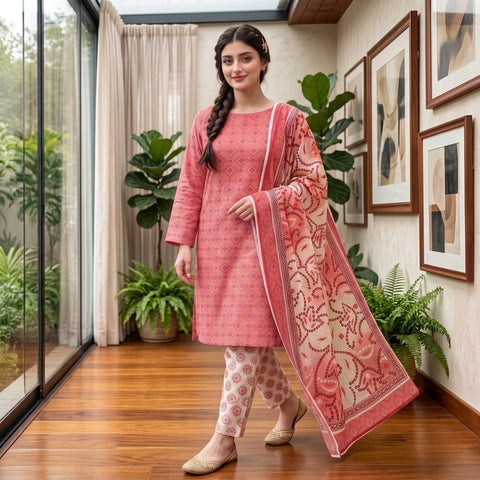 Coral Medallion 3-Piece Lawn Suit