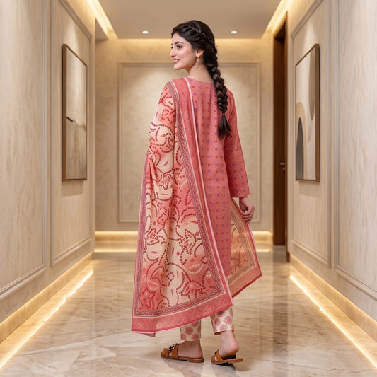 Coral Medallion 3-Piece Lawn Suit
