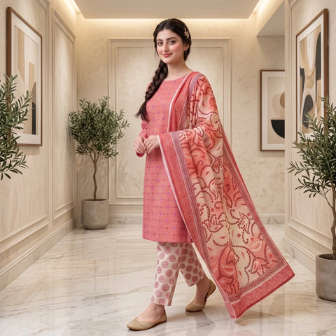 Coral Medallion 3-Piece Lawn Suit