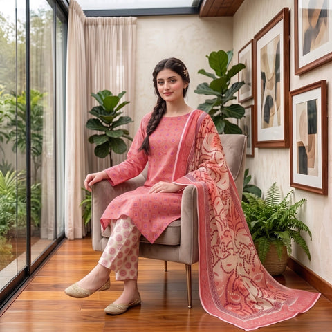 Coral Medallion 3-Piece Lawn Suit