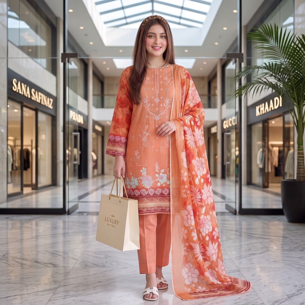Peach Blossom Embroidery 3-Piece Lawn Suit