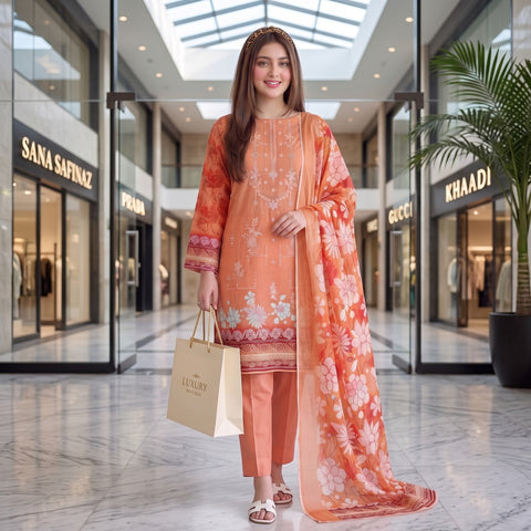 Peach Blossom Embroidery 3-Piece Lawn Suit