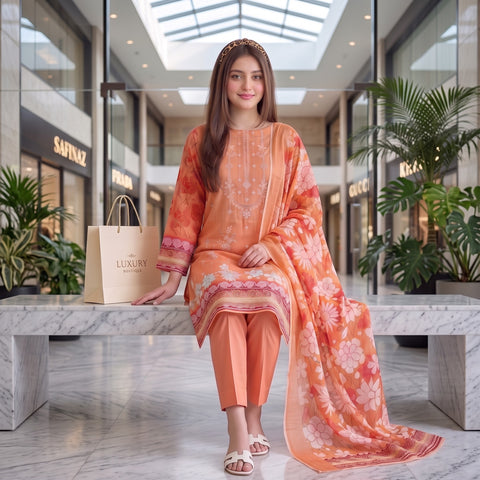 Peach Blossom Embroidery 3-Piece Lawn Suit