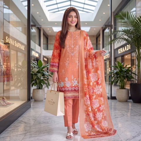 Peach Blossom Embroidery 3-Piece Lawn Suit