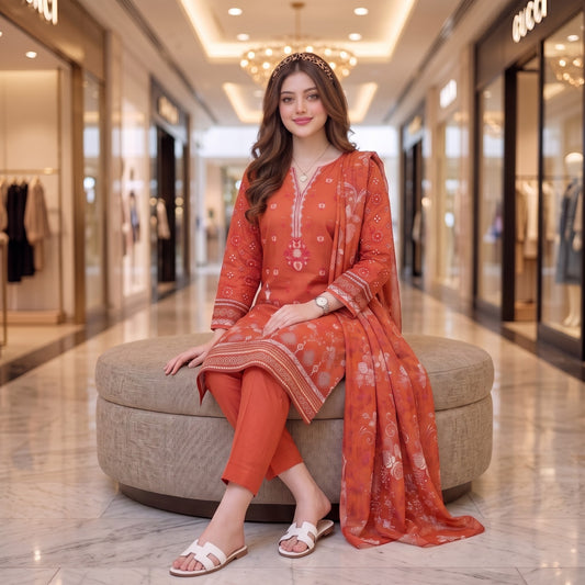 Rust Medallion Embroidery 3-Piece Lawn Suit