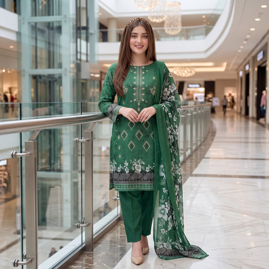 Emerald Floral Embroidery 3-Piece Lawn Suit
