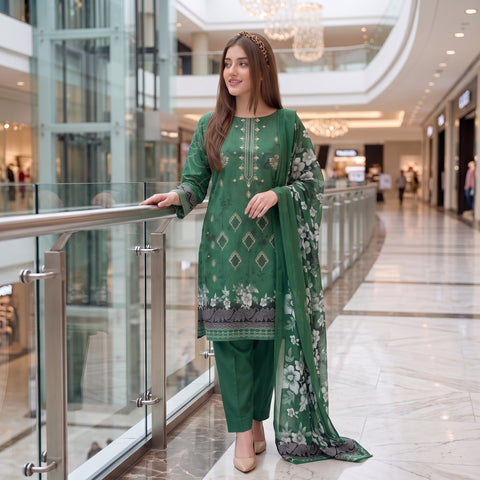Emerald Floral Embroidery 3-Piece Lawn Suit