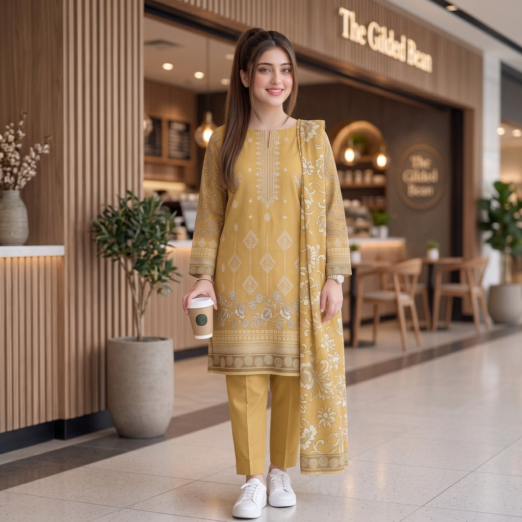 Golden Mustard Floral Embroidery 3-Piece Lawn Suit