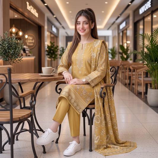 Golden Mustard Floral Embroidery 3-Piece Lawn Suit