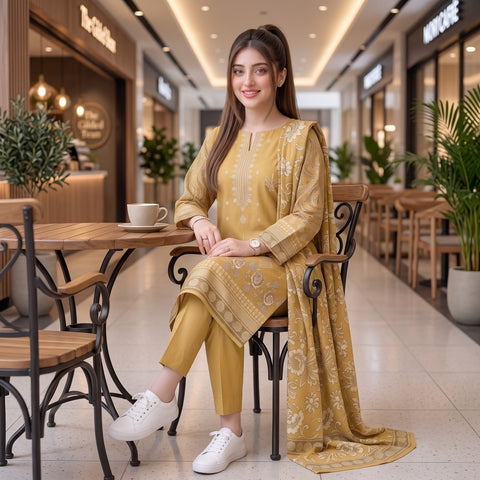 Golden Mustard Floral Embroidery 3-Piece Lawn Suit