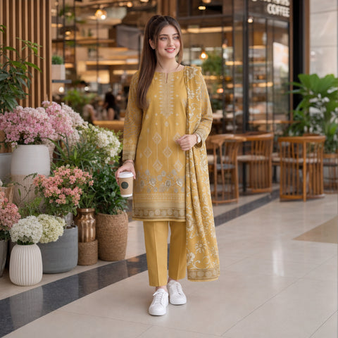 Golden Mustard Floral Embroidery 3-Piece Lawn Suit