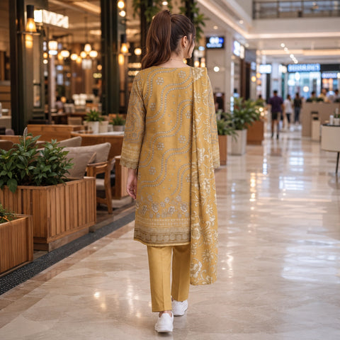 Golden Mustard Floral Embroidery 3-Piece Lawn Suit