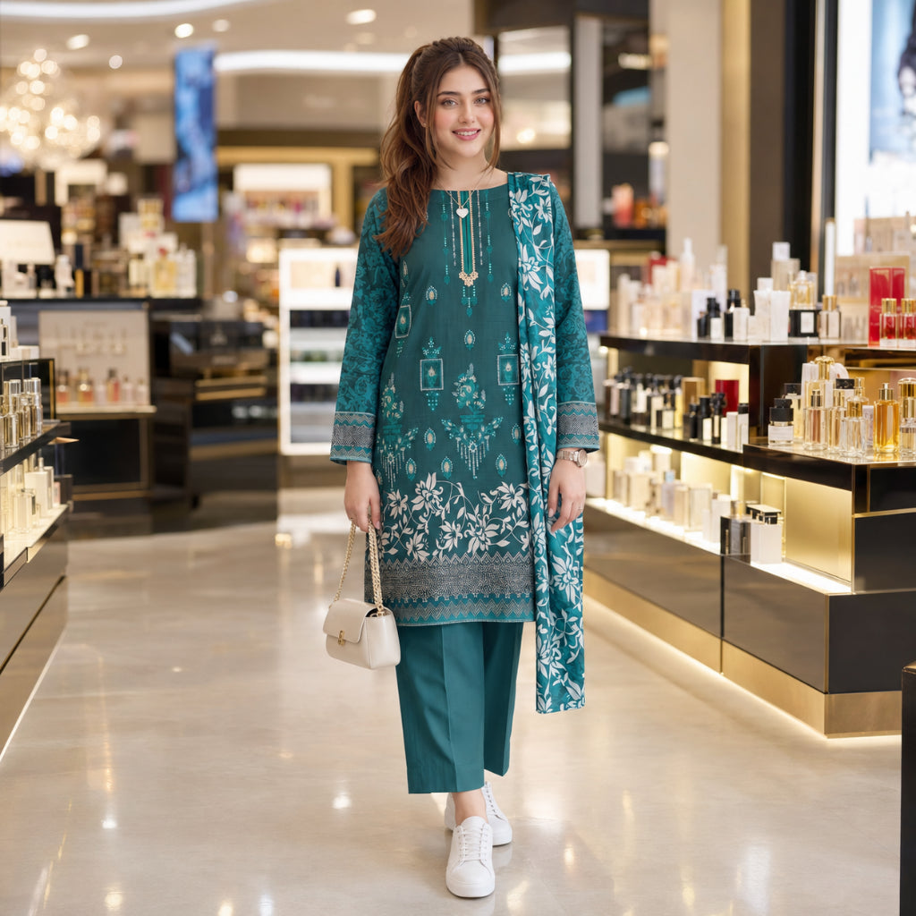 Teal Vine Floral Embroidery 3-Piece Lawn Suit