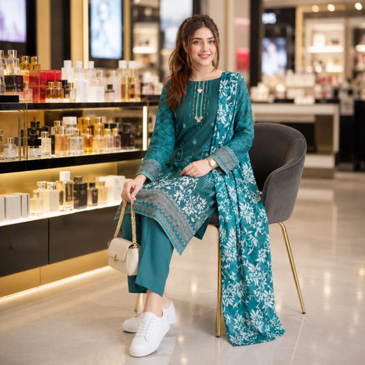 Teal Vine Floral Embroidery 3-Piece Lawn Suit