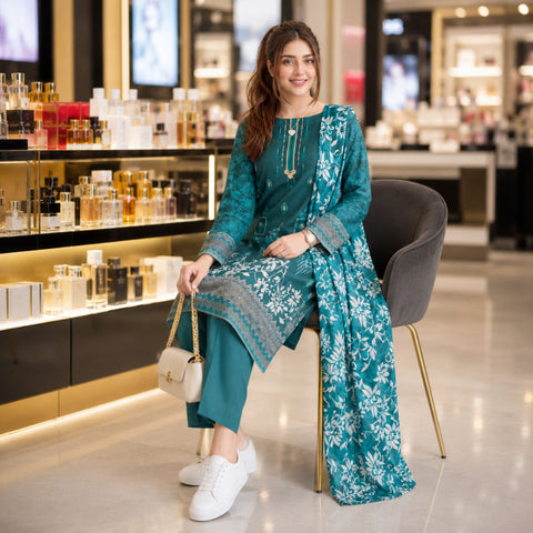 Teal Vine Floral Embroidery 3-Piece Lawn Suit