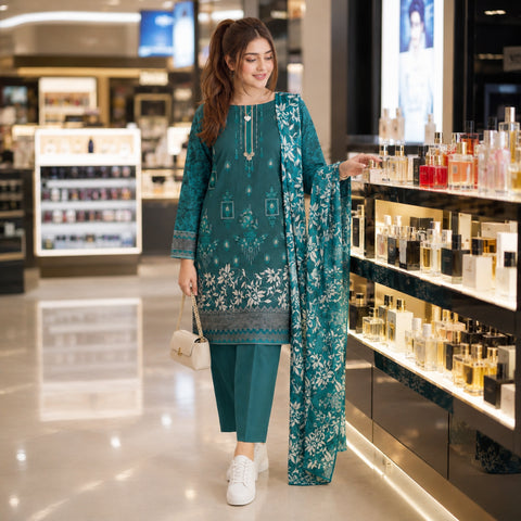 Teal Vine Floral Embroidery 3-Piece Lawn Suit